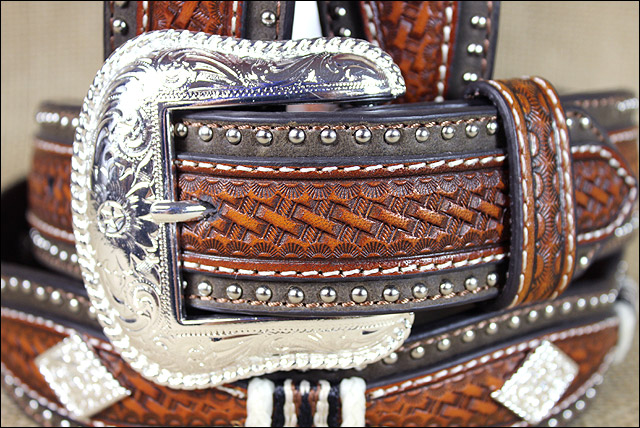 U-8808 WESTERN NOCONA WESTERN LEATHER MENS BELT SCALLOP OVERLAY COPPER 32-46 INC