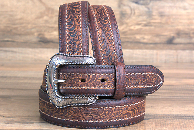 U-3635 JUSTIN MENS SHERIDAN TOOLED LEATHER BELT W// SILVER ENGRAVED BUCKLE BROWN