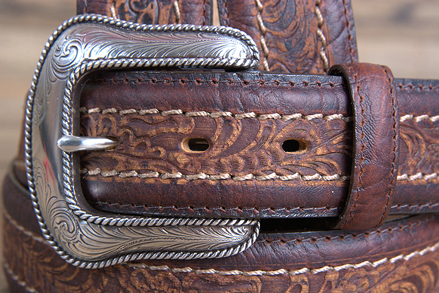 U-3635 JUSTIN MENS SHERIDAN TOOLED LEATHER BELT W// SILVER ENGRAVED BUCKLE BROWN