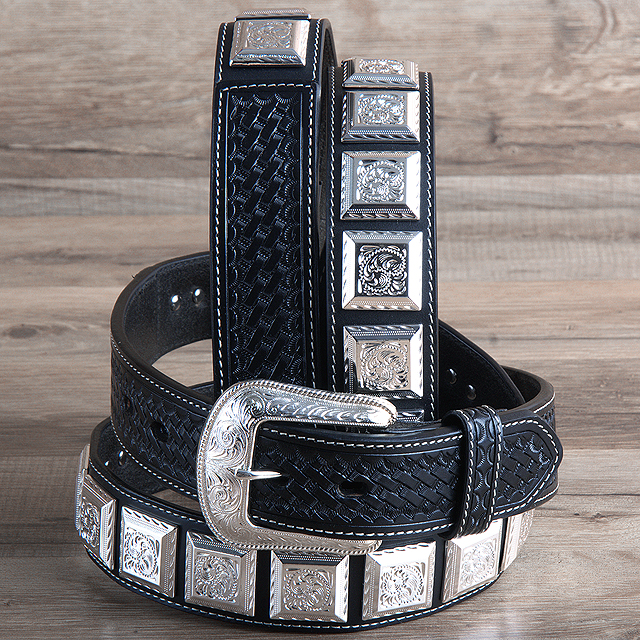 42" 3D BLACK MENS WESTERN LEATHER BASKETWEAVE SILVER CONCHO COWBOY
