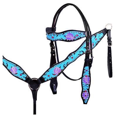 BHPA218-WESTERN LEATHER TACK HAND TOOLED HAND PAINTED BRIDLE HEADSTALL BREAST COLLAR