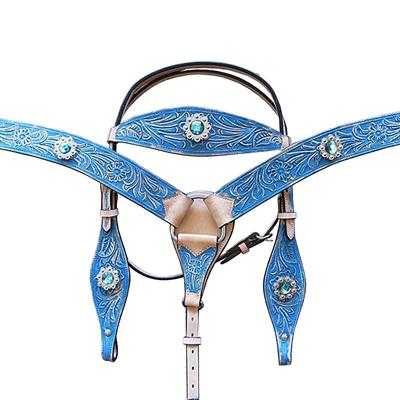BHPA326TURQCN045-HILASON LEATHER HAND PAINTED HAND TOOLED HORSE HEADSTALL BREAST COLLAR CONCHO