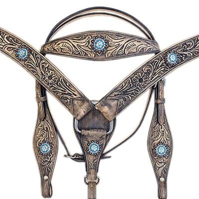BHPA326RODBCN062-RUSTIC VINTAGE FINISH LEATHER HORSE BRIDLE HEADSTALL BREAST COLLAR BERRY CONCHO