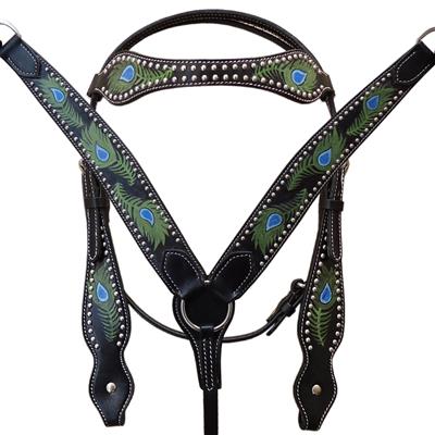 BHPA481-HILASON WESTERN LEATHER HORSE HEADSTALL BREAST COLLAR BLACK W/ PEACOCK FEATHER
