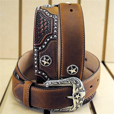 BR-C11279-JUSTIN TEXAS ALL STAR TOOLED WESTERN LEATHER MANS BELT BROWN