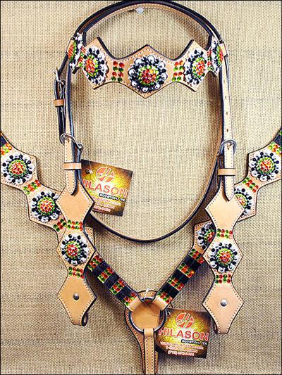 SMCO101-HILASON WESTERN HORSE HEADSTALL BREAST COLLAR CONCHO BLACK HAIR ON HIDE LEATHER