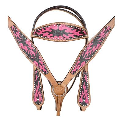 BHPA582-HILASON WESTERN LEATHER HORSE BRIDLE HEADSTALL BREAST COLLAR HAND PAINT FLAMES