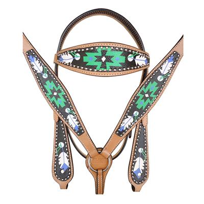 BHPA583-HILASON WESTERN LEATHER HORSE HEADSTALL BREAST COLLAR HAND PAINT BLACK GREEN