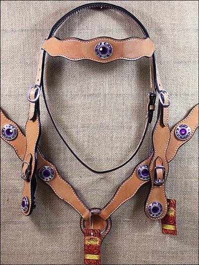 BHPA417CN077-HILASON WESTERN LEATHER HORSE TACK BRIDLE HEADSTALL BREAST COLLAR WITH CONCHOS