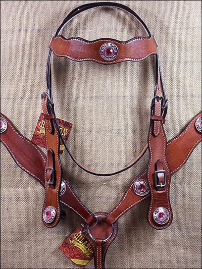 BHPA417MCN075-HILASON WESTERN LEATHER HORSE HEADSTALL BREAST COLLAR MAHOGANY PINK CONCHO