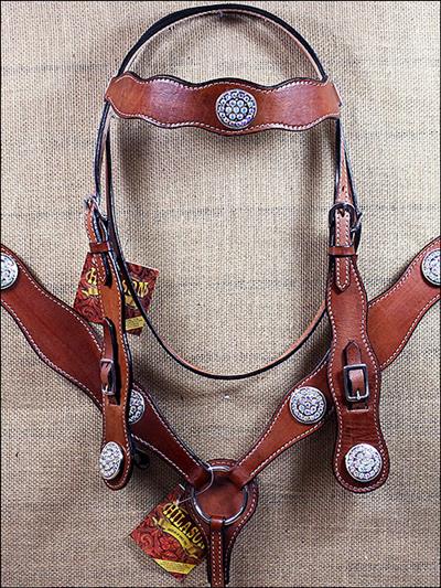 BHPA417MCN043-HILASON WESTERN LEATHER HORSE TACK BRIDLE HEADSTALL BREAST COLLAR WITH CONCHOS