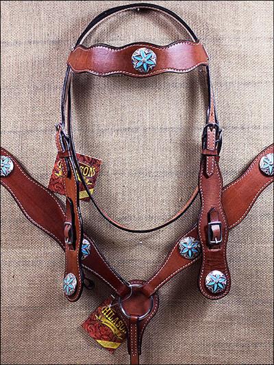BHPA417MCN071-HILASON WESTERN LEATHER HORSE TACK BRIDLE HEADSTALL BREAST COLLAR WITH CONCHOS