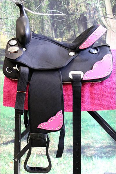 HSCS801PK-HILASON WESTERN CORDURA TRAIL PLEASURE SADDLE BLACK WITH PINK LEATHER INLAY