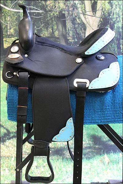 HSCS801TRQ-HILASON WESTERN CORDURA TRAIL PLEASURE SADDLE BLACK METALLIC TURQUOISRE LEATHER