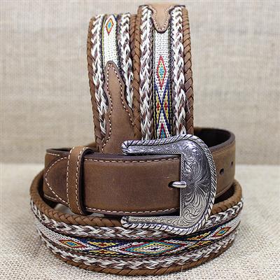 BR-7289L-TONY LAMA BROWN MEN'S BADLANDS HORSE HAIR WITH RIBBON INLAY LEATHER BELT