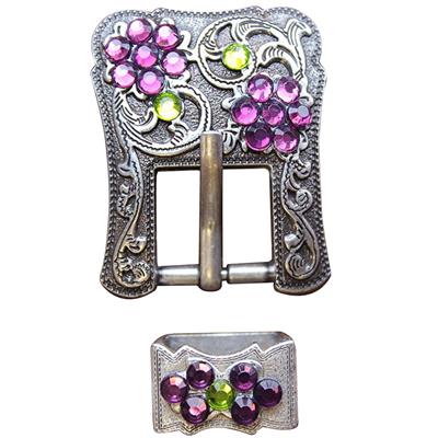 HSCN055LAMEPER-PURPLE GREEN CRYSTALS ANTIQUE SILVER FINISH BUCKLE SET BELT HEADSTALL