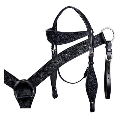 BHPA326BK-HILASON WESTERN LEATHER HORSE BRIDLE HEADSTALL BREST COLLAR BLACK HAND CARVED