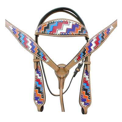 BHPA610-HILASON WESTERN LEATHER HORSE BRIDLE HEADSTALL BREAST COLLAR HAND PAINT AZTEC
