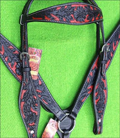 BHPA442BKRD-HILASON WESTERN LEATHER HORSE BRIDLE HEADSTALL BREAST COLLAR BLACK RED CARVED