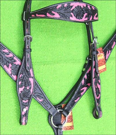 BHPA442BKPK-HILASON WESTERN LEATHER HORSE BRIDLE HEADSTALL BREAST COLLAR BLACK PINK CARVED