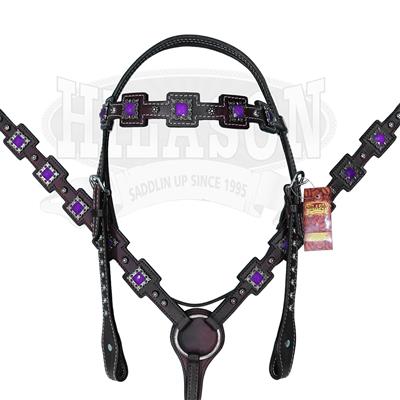 BHPA308DBCN020-HILASON WESTERN LEATHER HORSE HEADSTALL BREAST COLLAR BROWN LAVENDER CONCHO