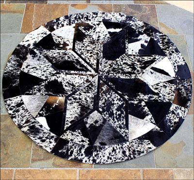 HSHS1077-S7 HILASON PURE BRAZILIAN COWHIDE HAIR ON LEATHER PATCHWORK 3D ROUND RUG NATURAL