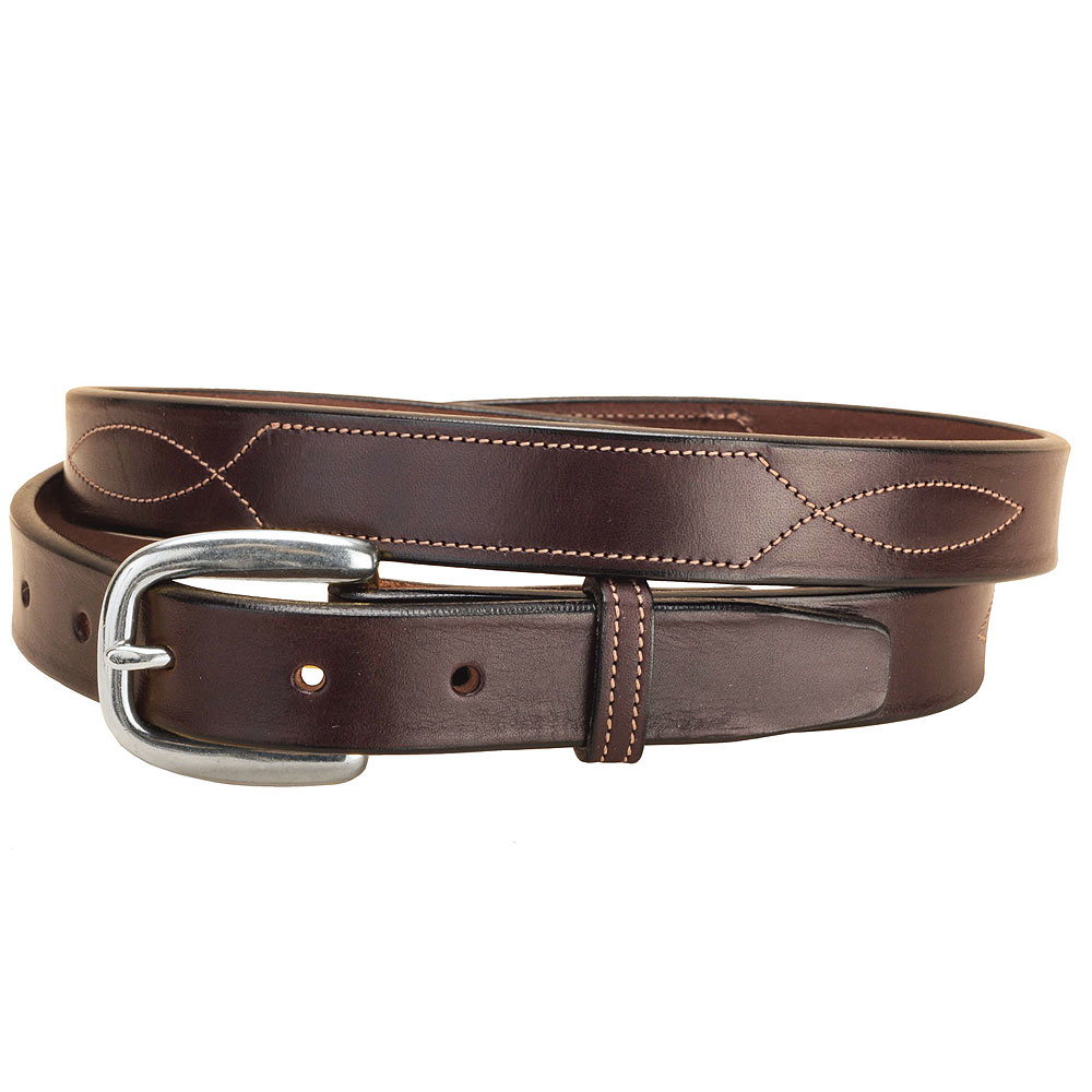 U-3-VX TORY LEATHER BRIDLE LEATHER BELT STITCHED PATTERN BRASS BUCKLE BELT BLACK