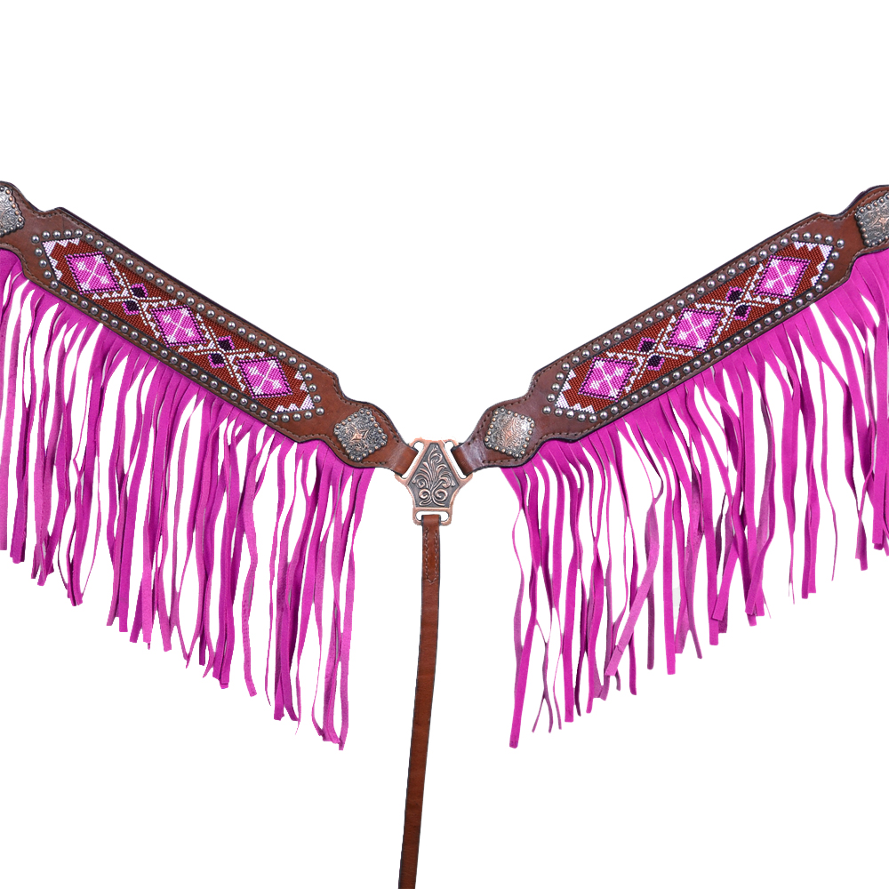 CKBC Western Horse Breast Collar Tack American Leather Pink Fringes