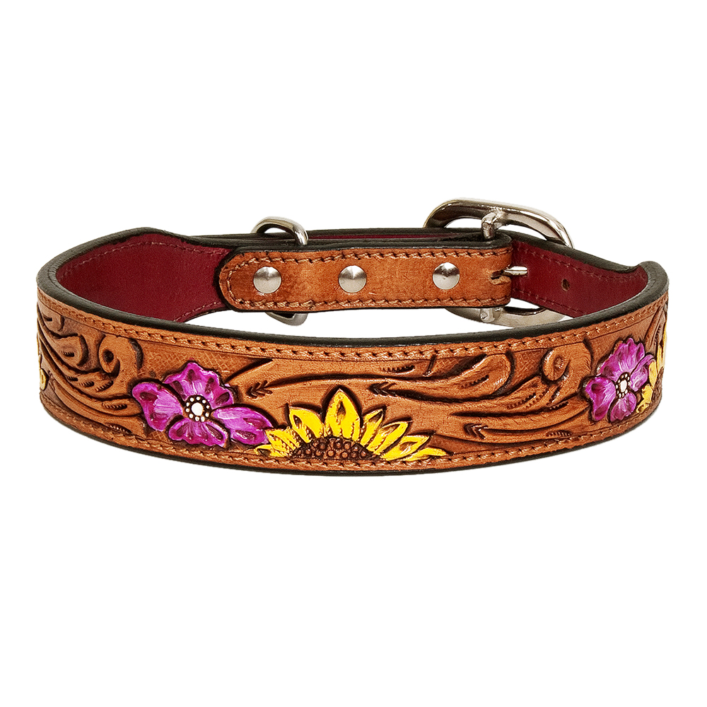 DC HILASON Western Genuine Leather Heavy Duty Dog Collar Floral
