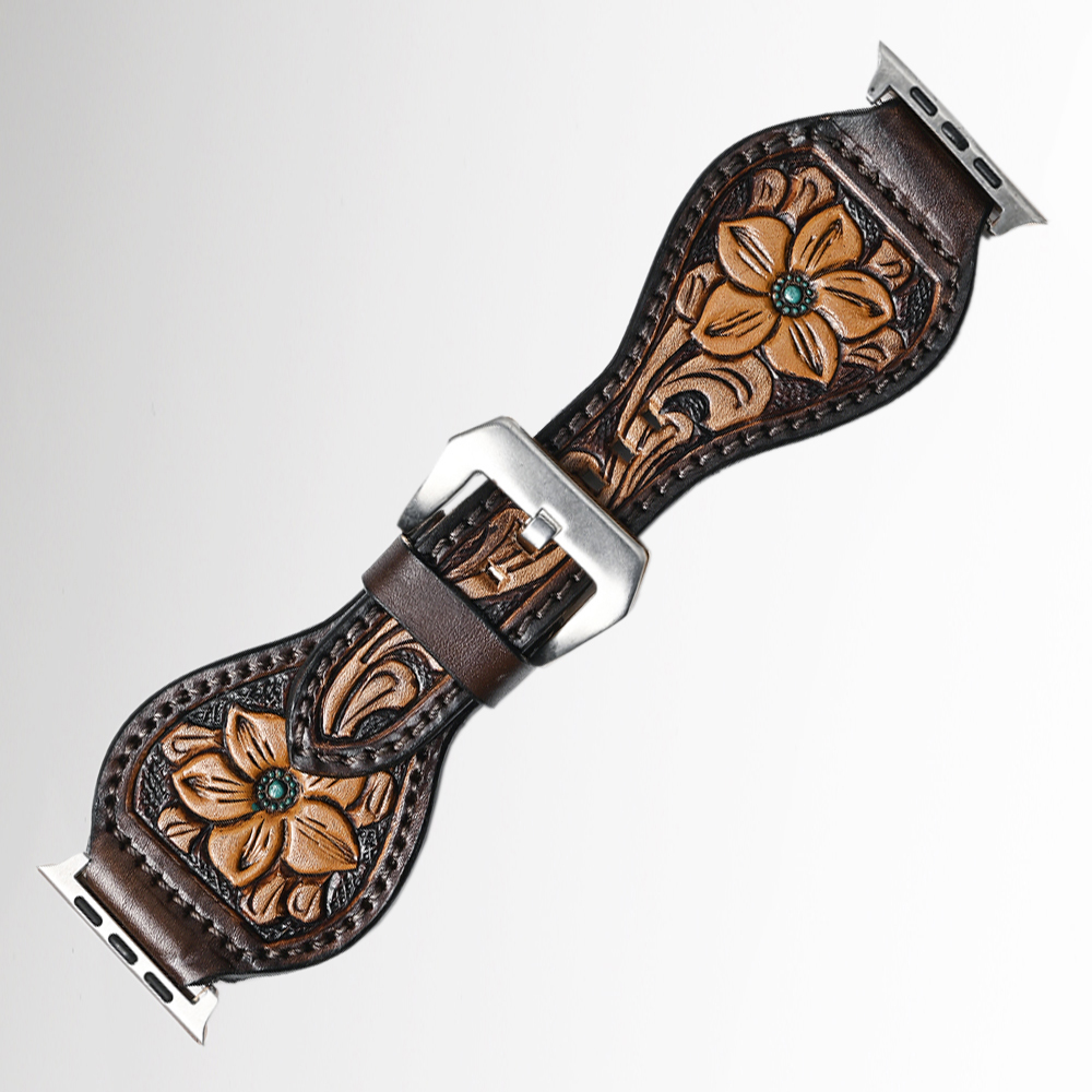 American‎ Darling Red Hand Tooled Floral Leather Apple Watch Band 42 44 45mm AD American Darling Floral Hand Tooled I watch Men Women  main image 3