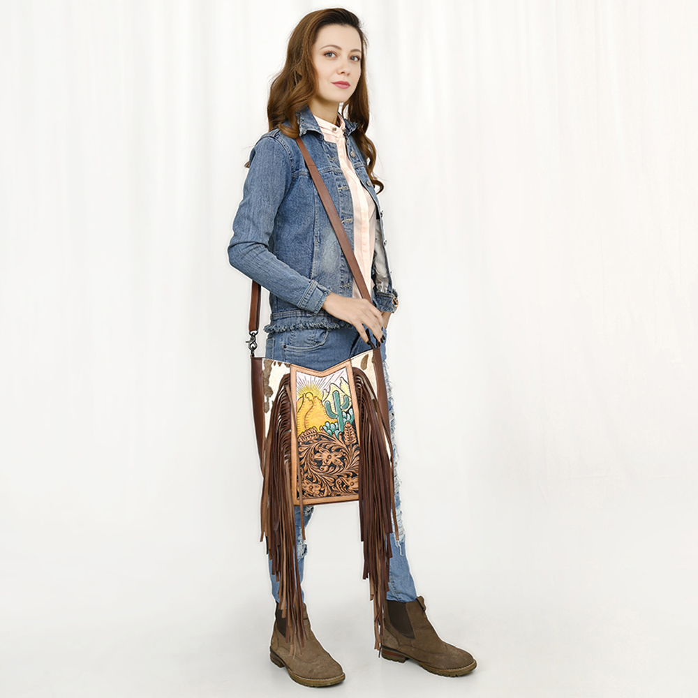 AD American Darling Large Crossbody Hand Tooled Hair On Genuine Leather Women - Picture 39 of 50