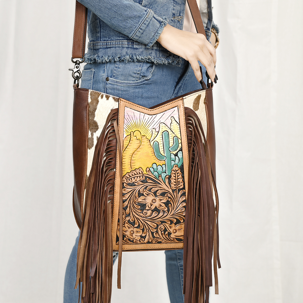 AD American Darling Large Crossbody Hand Tooled Hair On Genuine Leather Women - Picture 45 of 50