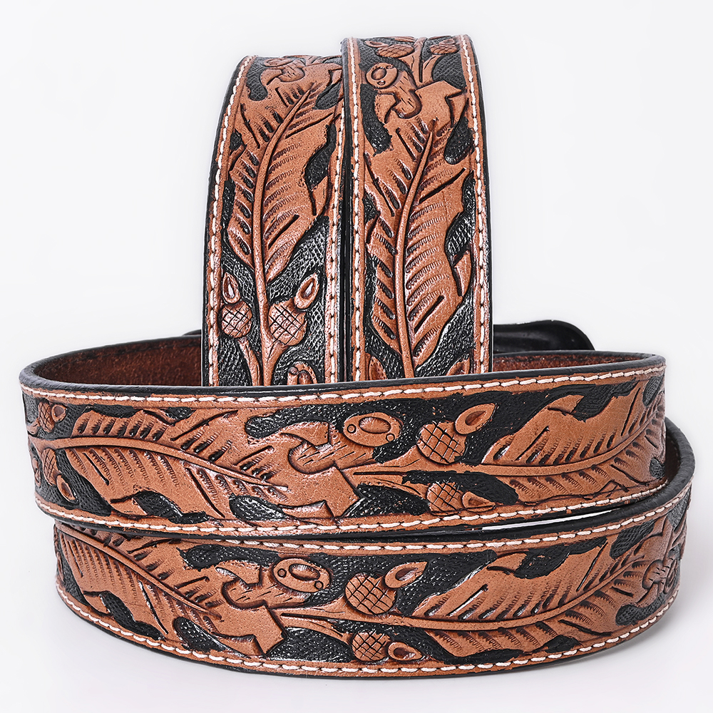 Handmade Leather Belt Womens 32 Brown Brass Thunderbird Buckle Etched Western Thunderbird, brown leather belt with forged buckle Wulflund main image 2