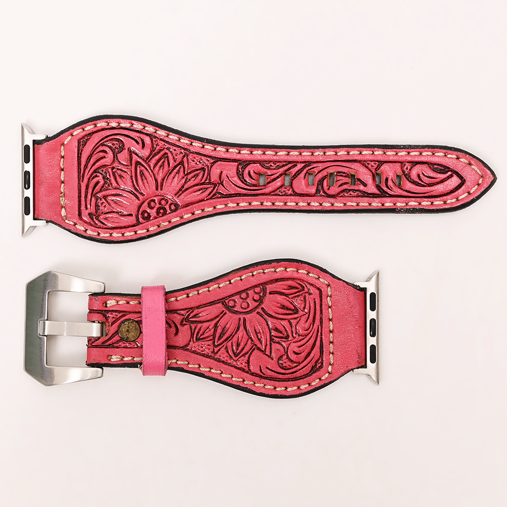 American‎ Darling Red Hand Tooled Floral Leather Apple Watch Band 42 44 45mm AD American Darling Floral Hand Tooled I watch Men Women  main image 2