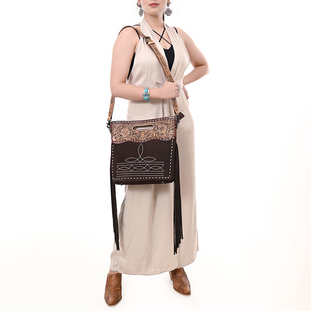 AD American Darling Hand-Tooled Western Leather Cross Body Bag with Fringe &