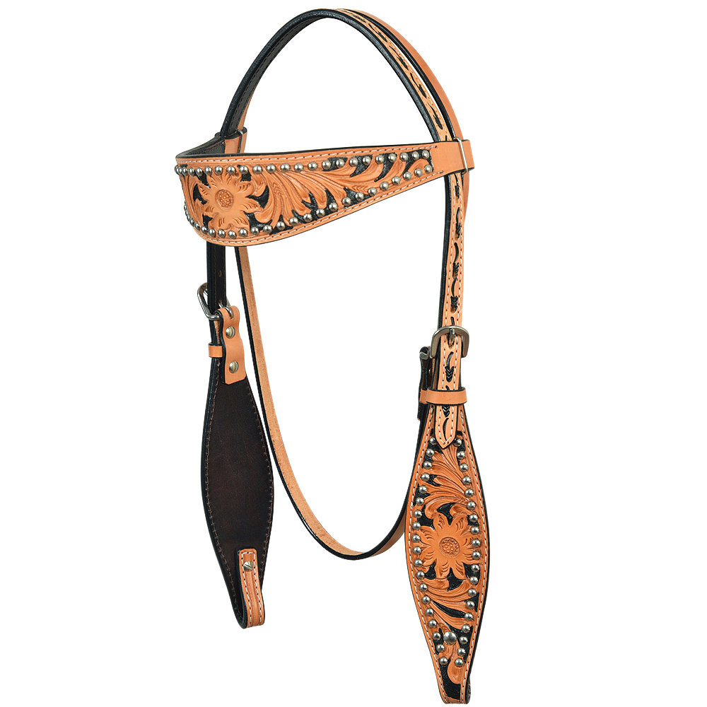 Western Horse Headstall Tack Bridle American Leather Black Silver Studs U-1-HS