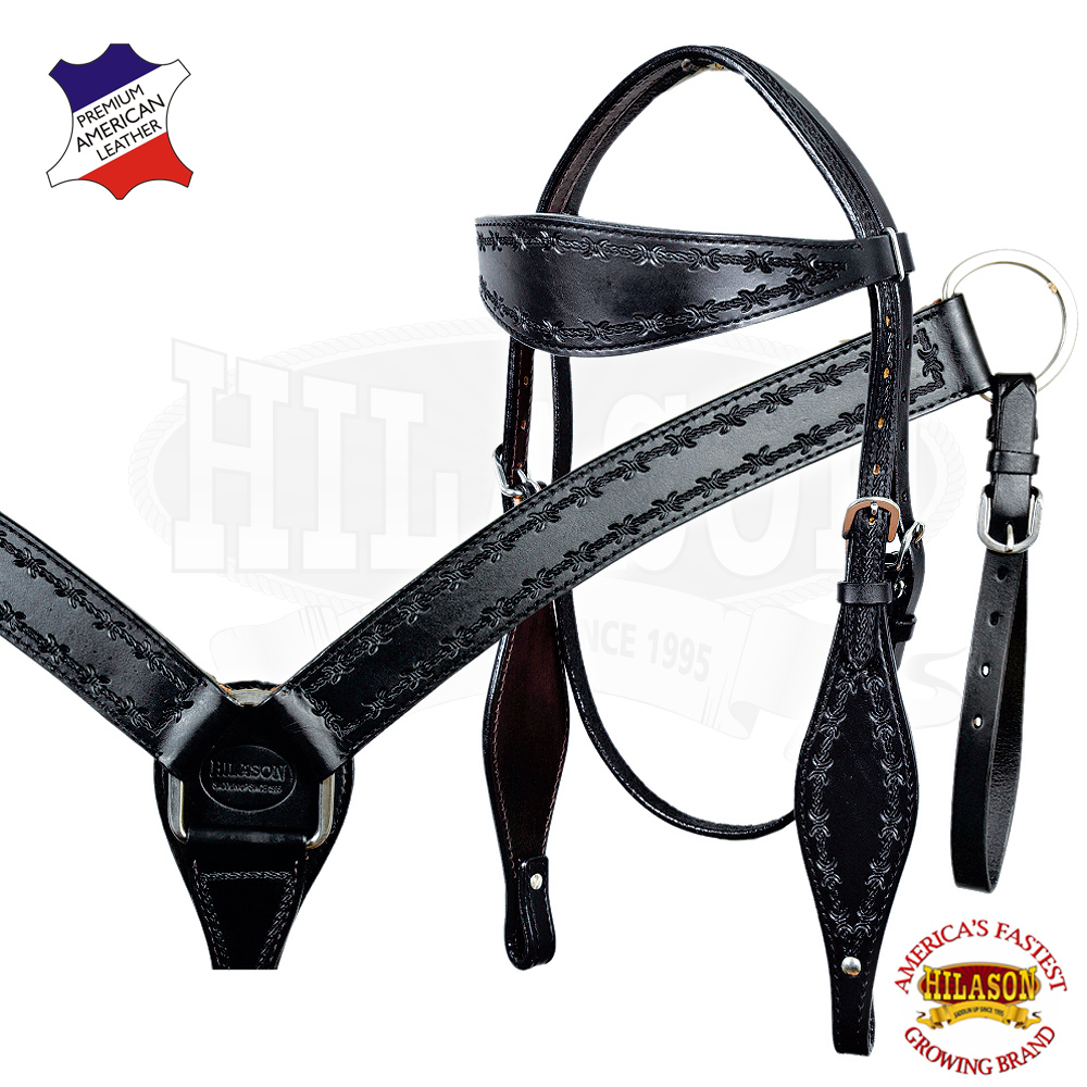 Western Horse Headstall Breast Collar Set Tack American Leather Black