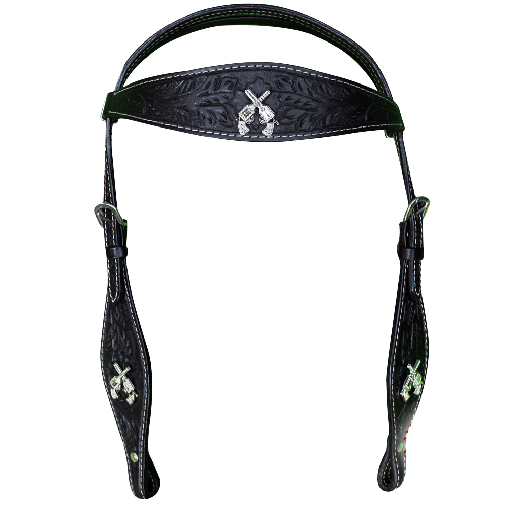 C-K-HS Hilason Western Horse Headstall Bridle American Leather Tan Floral Black