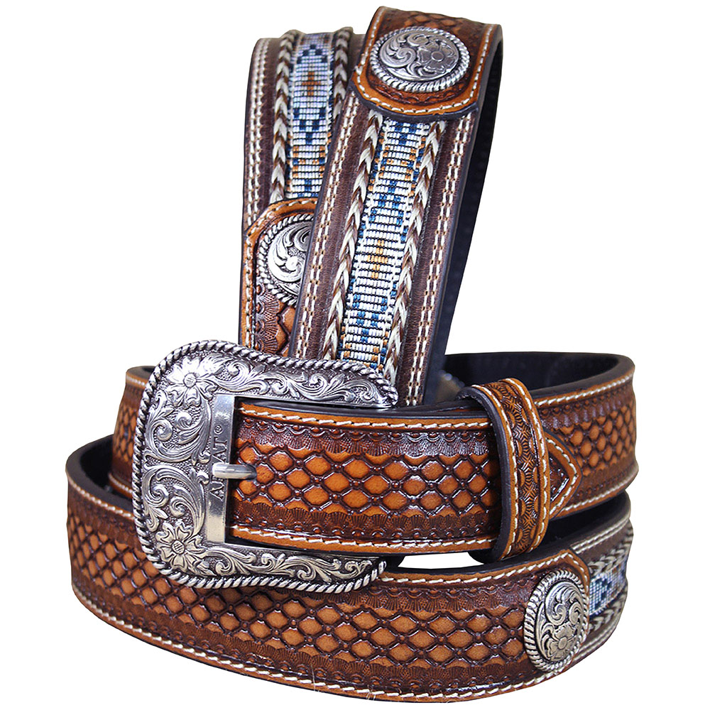 C836 36 In Western Ariat Belt Leather Mens Basketweave Conchos Brown