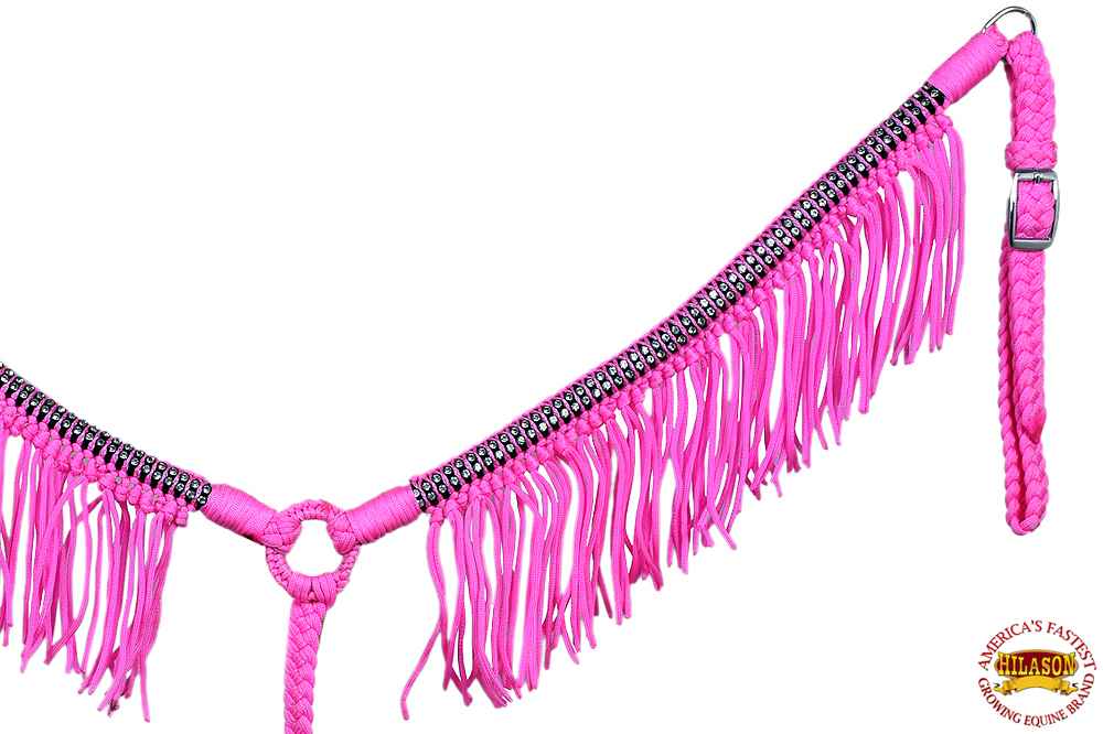 Pink Horse Breast Collar Braided Rope Cord Crystal Accents Fringes