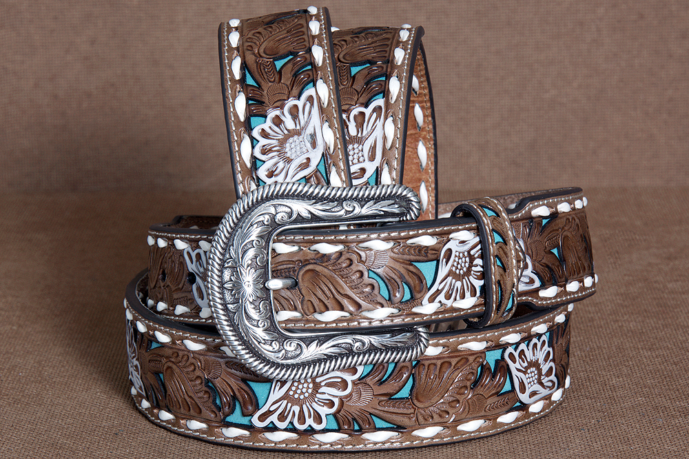 C08L Large Nocona Leather Belt Western Overlay Flowers Painted Womens