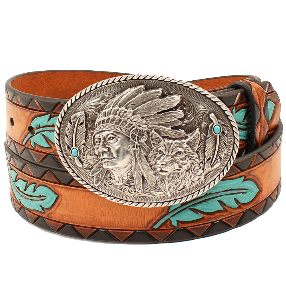 Ariat Belt Womens Feather Aztec Tan Turquoise Oval Buckle Western U-7208 | eBay