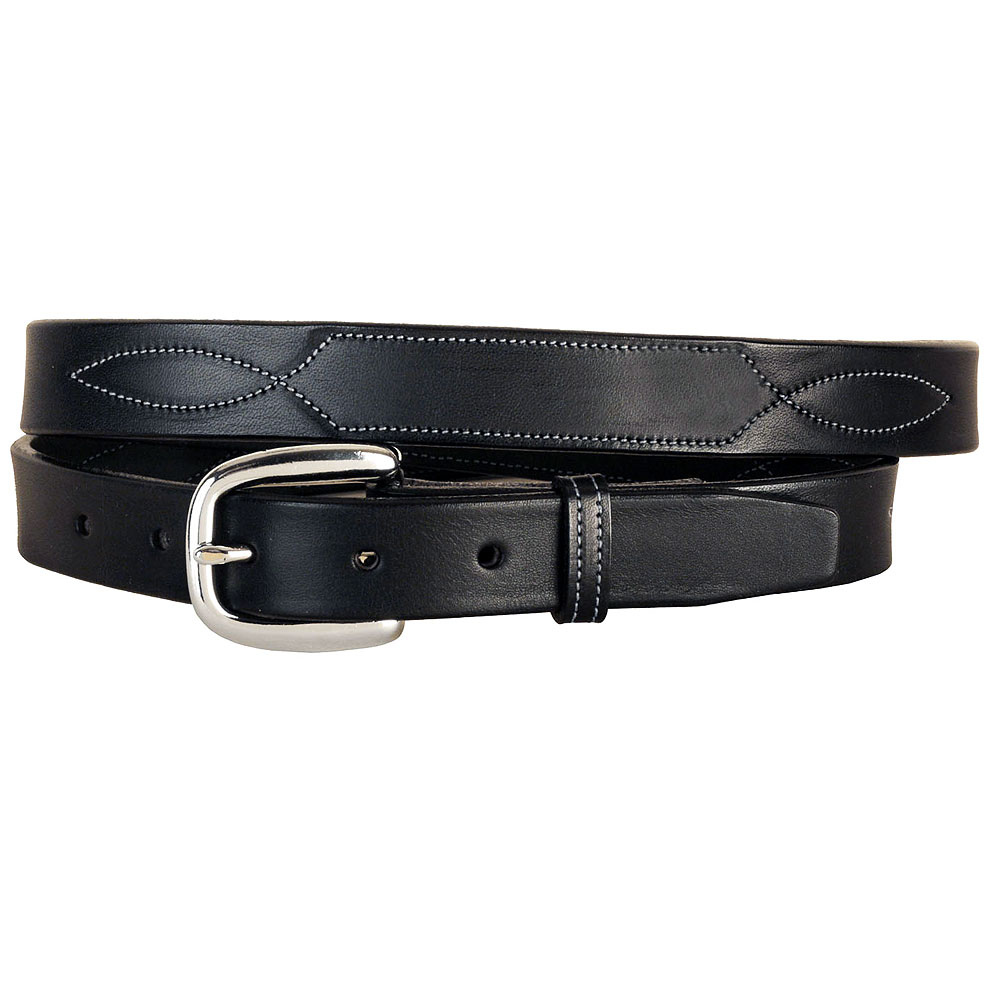 U-3-VX TORY LEATHER BRIDLE LEATHER BELT STITCHED PATTERN BRASS BUCKLE BELT BLACK