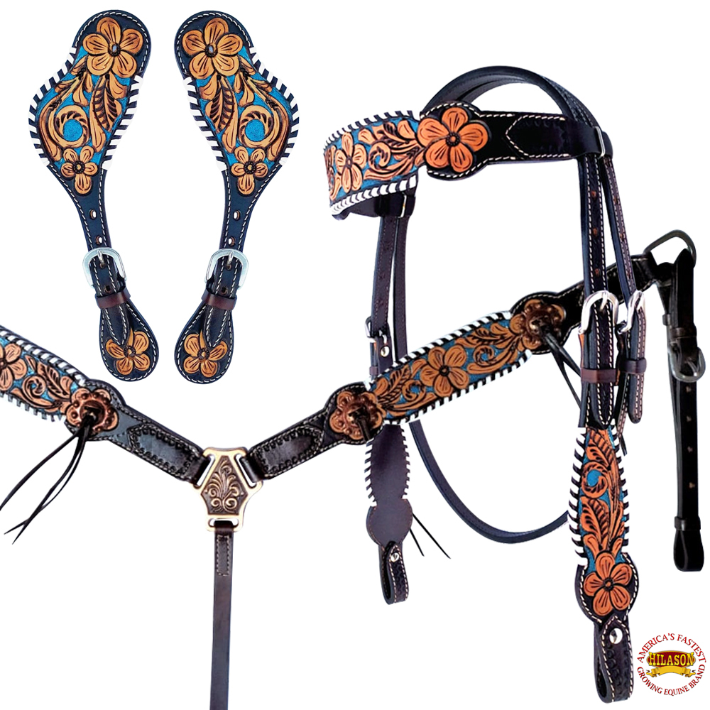 Western Horse Headstall Breast Collar Spur Strap Leather Floral Brown