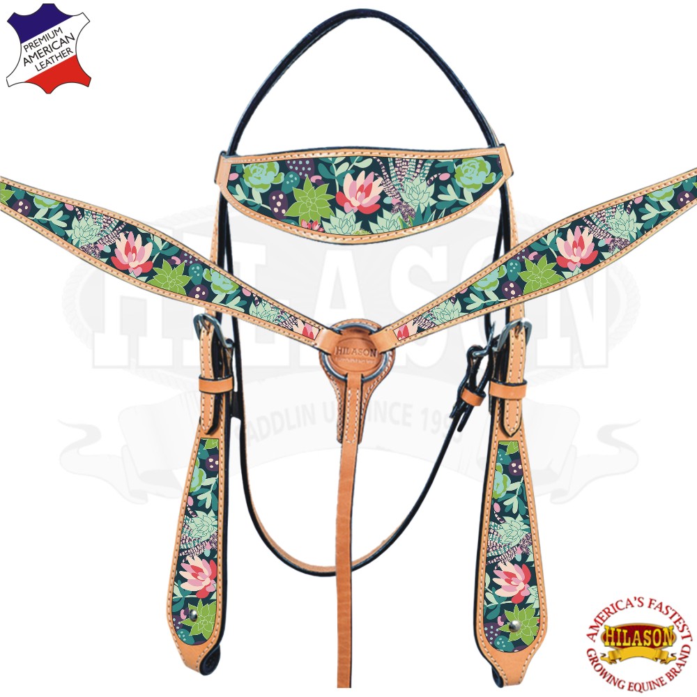 Western Horse Headstall Breast Collar Tack American Leather Cactus Tan