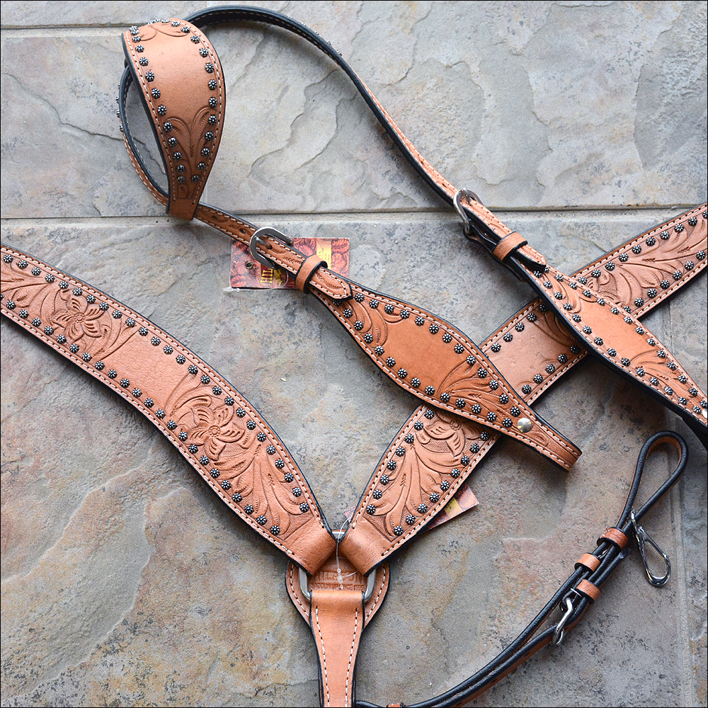Western Horse One Ear Headstall Breast Collar Set Tack American Leather