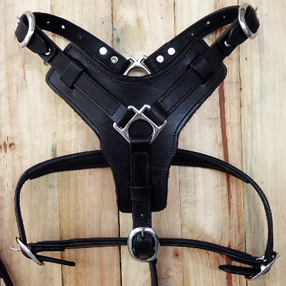 Large Leather Dog Harness Black Padded Genuine Matching Leash eBay