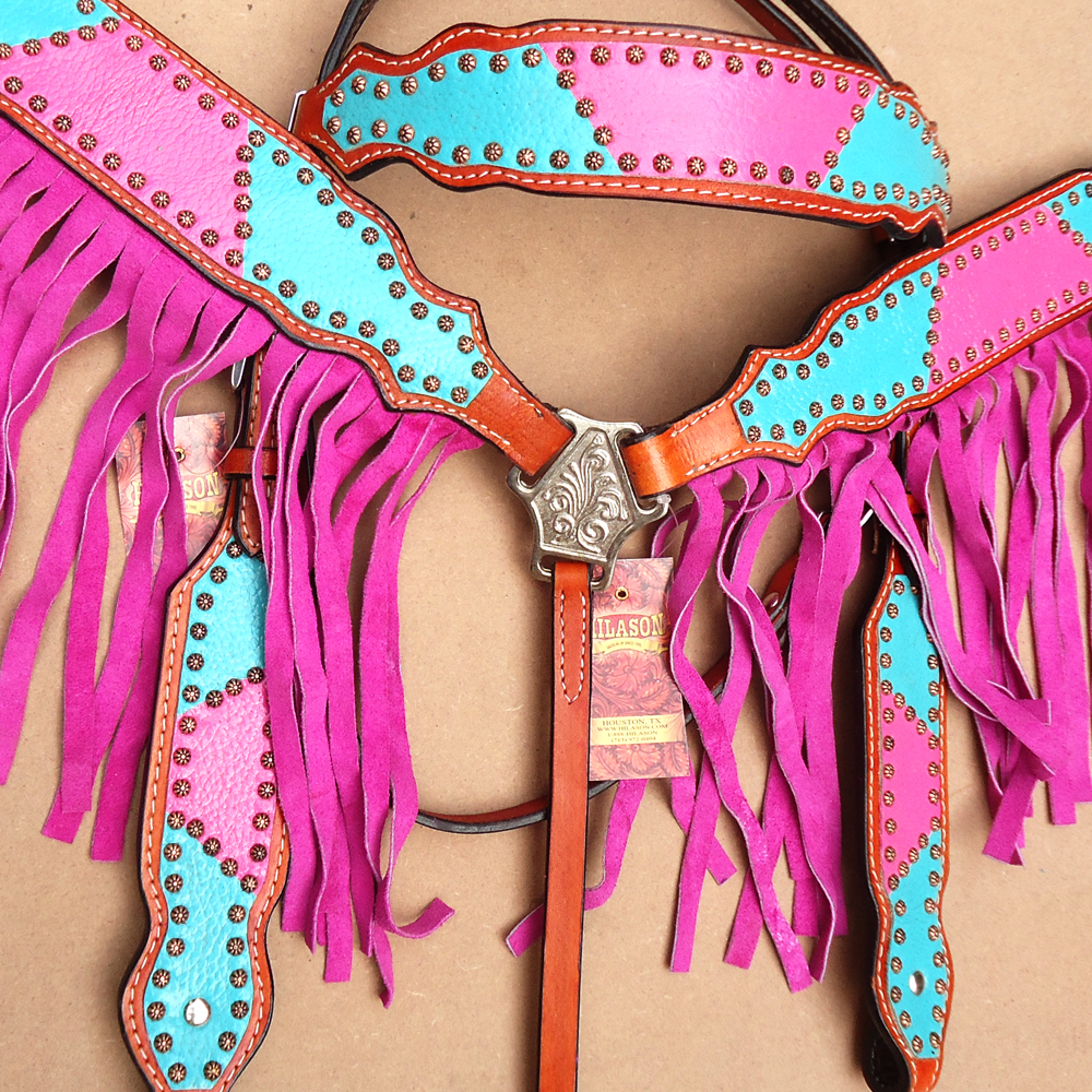 CSET Hilason American Leather Horse Headstall Breast Collar Turquoise