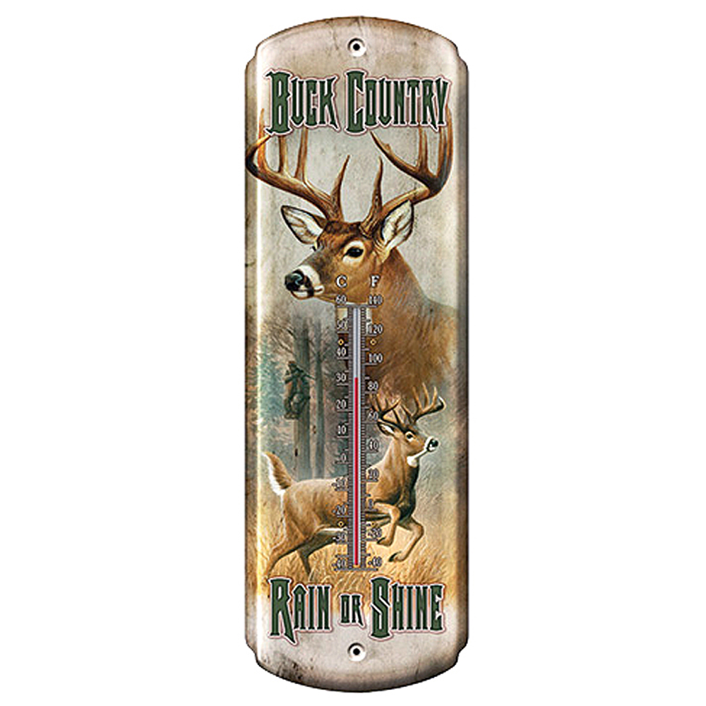 Deer Hunter with Buck Nostalgic Tin Thermometer 5 inch x 17/" NEW
