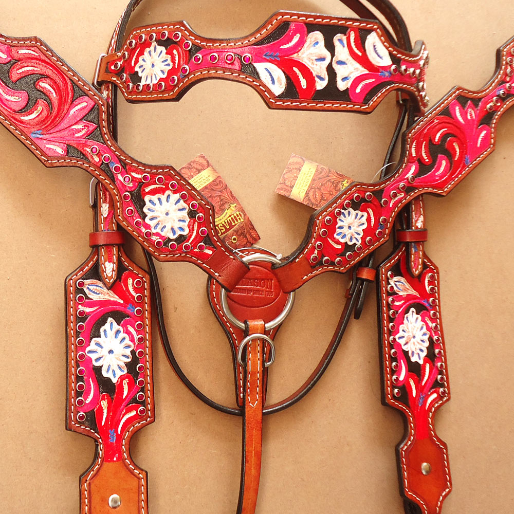 Western Horse Headstall Breast Collar Set Tack American Leather Red